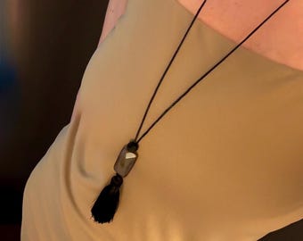 Black Tassel And Natural Agate Necklace, Handmade Unisex Jewelry + Free Personalization