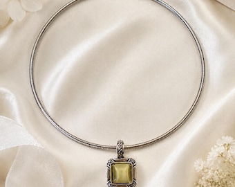 Silver Collar Necklace with Square Glass Pendant,  Modern Rigid Statement Choker