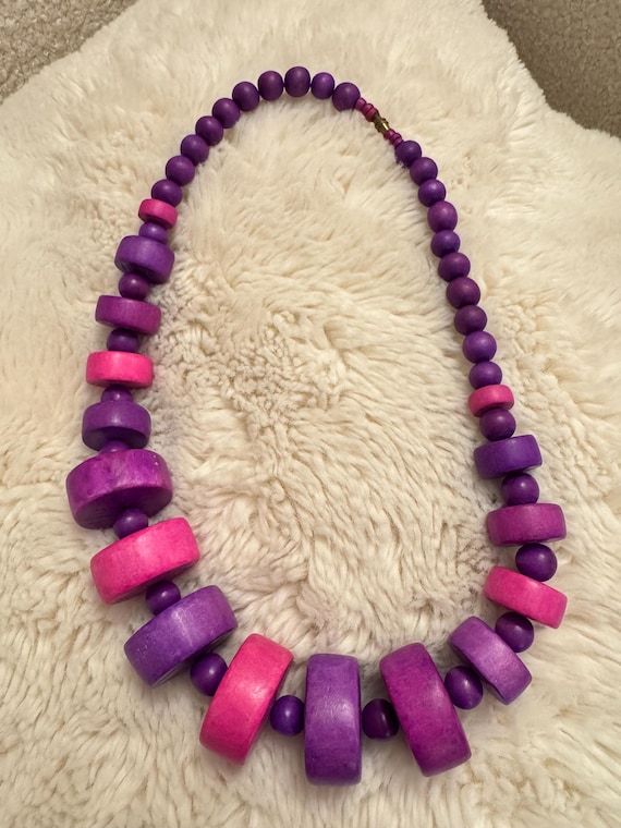 Statement Purple And Pink  Wooden Vintage Necklace, Boho Chunky Jewelry View 4