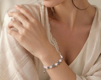 Rose Quartz & Lotus Charms Beaded Bracelet,  Crystal Spiritual Jewelry