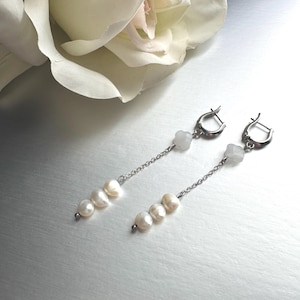 Dainty 3 Pearls Long  Dangle Earrings, Delcate White  Freshwater Pearl Earrings, Silver Pearl  Earrings, Floating  Handmade Gift For Her