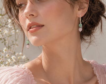 Green Jade & Pink Rose Quartz Earrings, Healing Dainty Dangle, Handmade Silver Sterling Jewelry