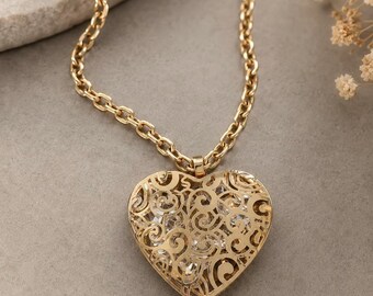 Statement Vintage Gold Heart Necklace 24 Inch Adjustable Chain Filigree Crystal Heart Pendant
