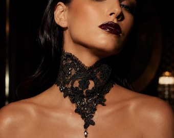 Black Victorian Beaded Embroidered Lace Statement Choker, Wide Gothic Collar Necklace