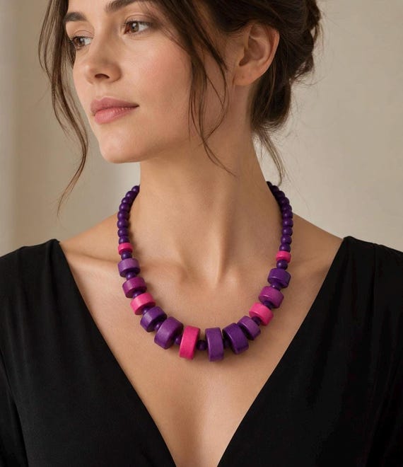 Statement Purple And Pink  Wooden Vintage Necklace, Boho Chunky Jewelry