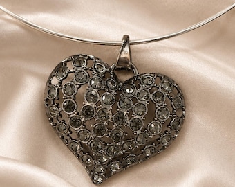 Vintage Style Crystal Heart Collar Choker Necklace, Dark Silver Heart Pendant, Marcasite Romantic Jewelry