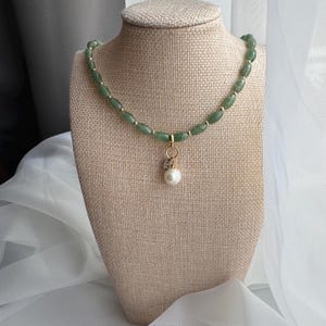Green Aventurine Rice Beads Necklace With Baroque Pearl, Dainty Beaded Gemstone, Handmade Healing Choker. 16.5 Inch Plus Adjustable Chain