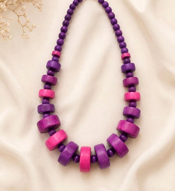 Statement Purple And Pink  Wooden Vintage Necklace, Boho Chunky Jewelry View 2