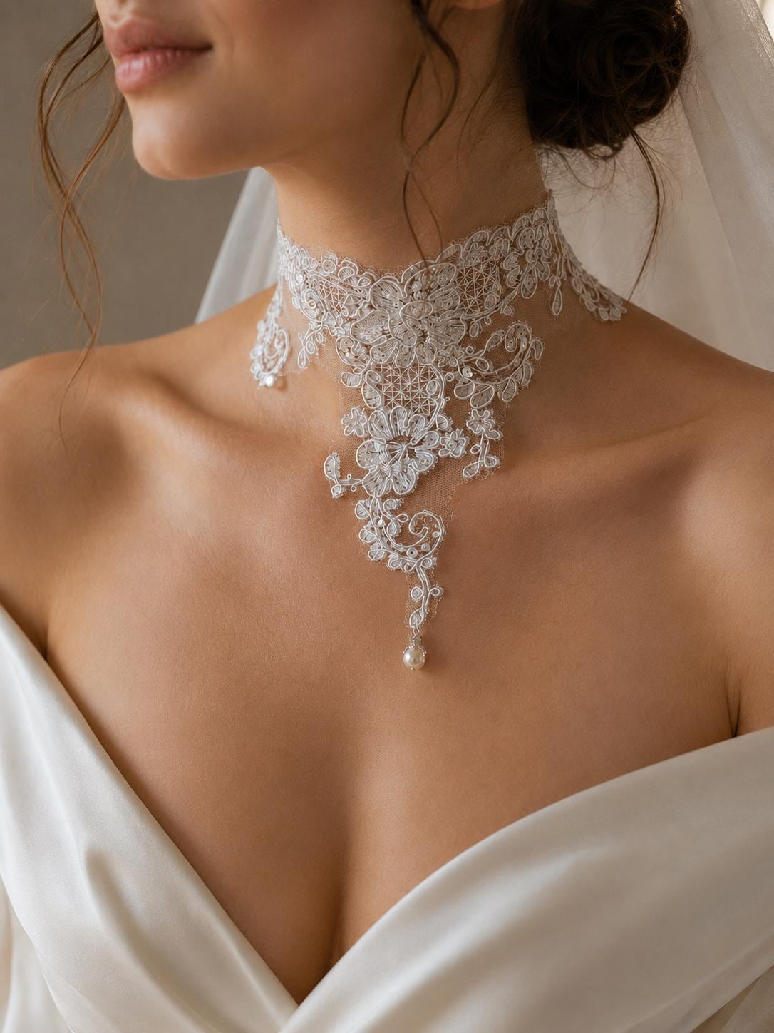 Victorian Lace Bridal Choker, Freshwater Pearl Drop Or Crystal Glass…