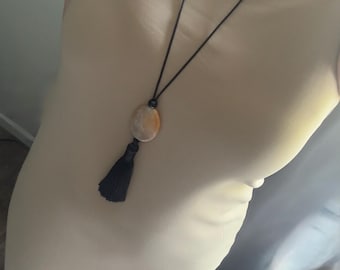 Black Tassel And Natural Agate Necklace, Adjustable Cord Handmade Unisex Jewelry