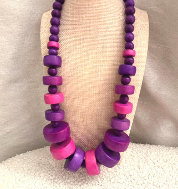 Statement Purple And Pink  Wooden Vintage Necklace, Boho Chunky Jewelry View 3