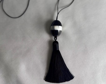 Corded Silky Tassels & Oval Bead   Necklace, Handmade Mother Of Pearl Pendant Jewelry