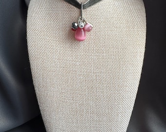 Grey Velvet Lace & Pink Crystal Choker Necklace, Statement Rhinestone Collar, Prom Jewelry