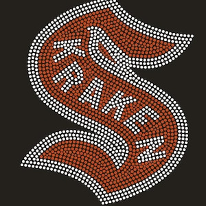 May include: A white and orange rhinestone design of a stylized letter "S" with the word "SAVAGE" inside the letter.