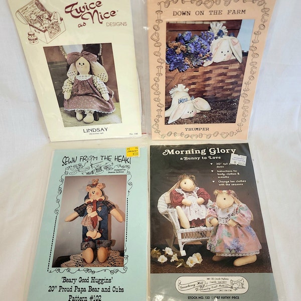 Lot of 4 Bunny/Bear Doll Sewing Patterns, Cottagecore Home Décor, Retro doll making