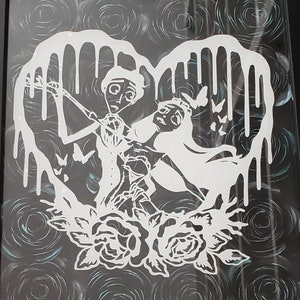 May include: A white paper cutout of a couple dancing inside a heart shape, with a dripping effect. The background is a black and blue swirl pattern.