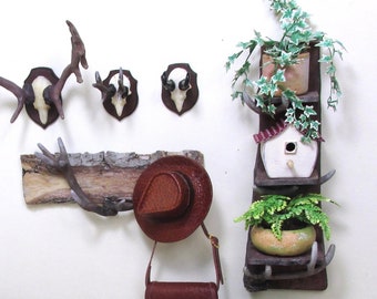 Miniature wooden shelf decorated with horns, 1/12 scale