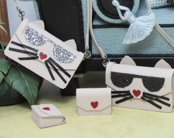 Elegant, original cat-shaped shoulder bag, with matching purse, scale 1/12