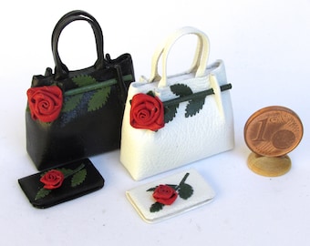 Miniature romantic leather purse  with a rose, with wallets, 1/12 scale