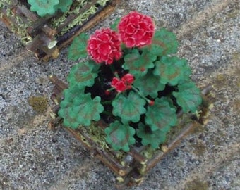 Rustic wooden basket with geranium, 1/12 scale