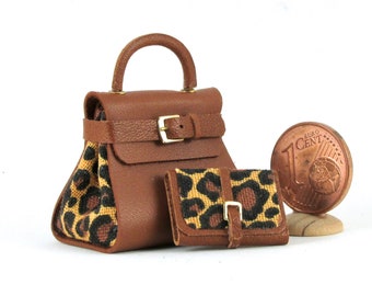 Miniature bag in leather and fabric, with matching wallets, 1/12 scale