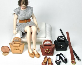 miniature handbag with shoes and belt, 1/12 scale