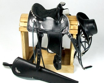 Miniature saddle with harness, in leather, 1/12 scale