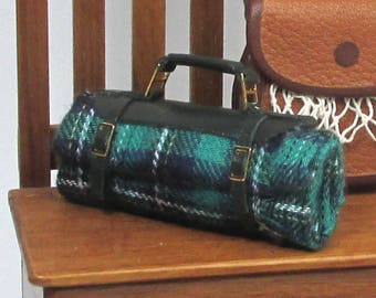 Miniature plaid bag in leather and fabric, handmade, 1/12 scale