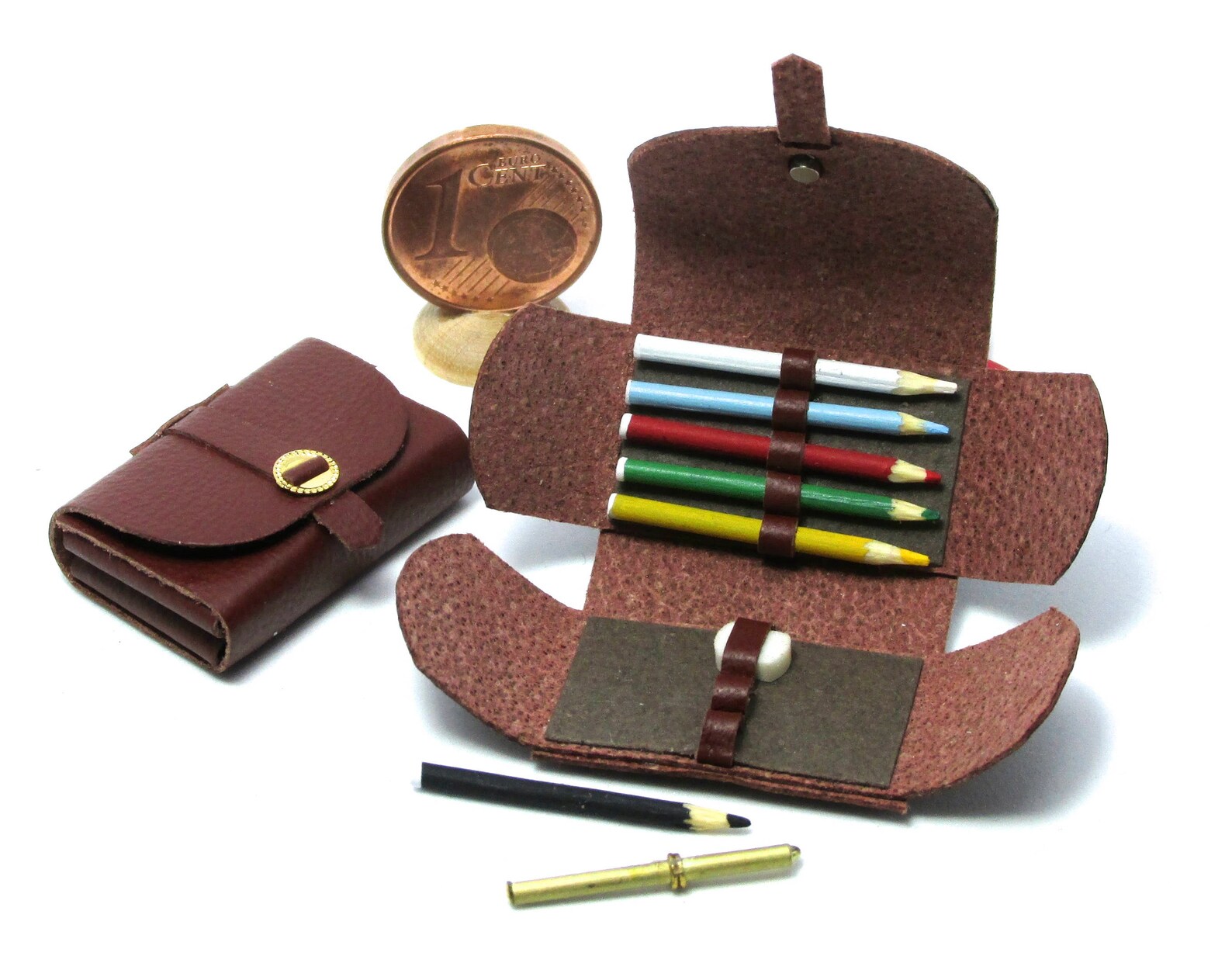 Miniature Leather Pencil Case, Openable, With Accessories, Scale 1/12 ...