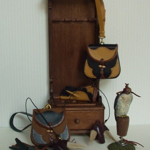 Fantastic miniature bag and falconry glove, leather, 1/12 scale