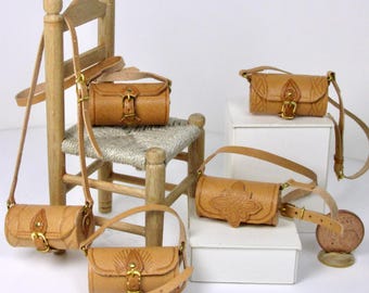 Miniature leather shoulder bag, in the shape of a cylinder, 1/12 scale