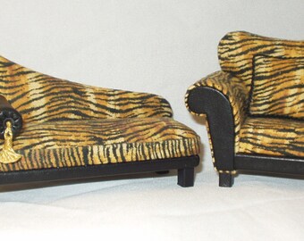 Miniature set, sofa and modern armchair with striped fabric and leather, 1/12 scale