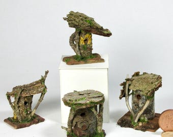 Tiny rustic birdhouses, hand-made in 1/12 scale