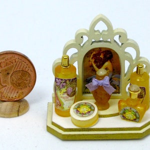 Precious miniature display with perfume bottles and soap, handmade, scale 1/12, OOAK