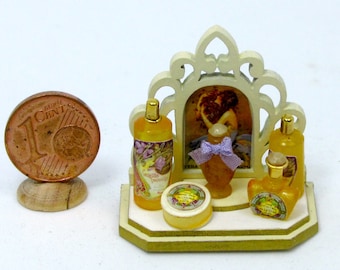 Precious miniature display with perfume bottles and soap, handmade, scale 1/12, OOAK