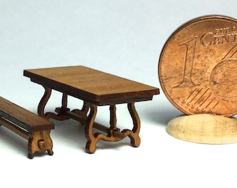 Walnut table with bench and two stools, 1/144 scale