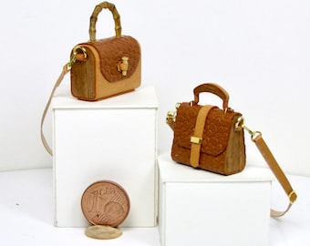 Miniature leather and wood bag,  1/12 scale
