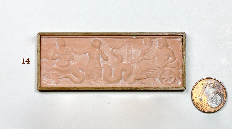 Miniature classical frieze, plaster with walnut frame, 1/12 scale model 14