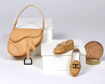 Leather shoulder bag and shoes, whandcrafted, 1/12 scale