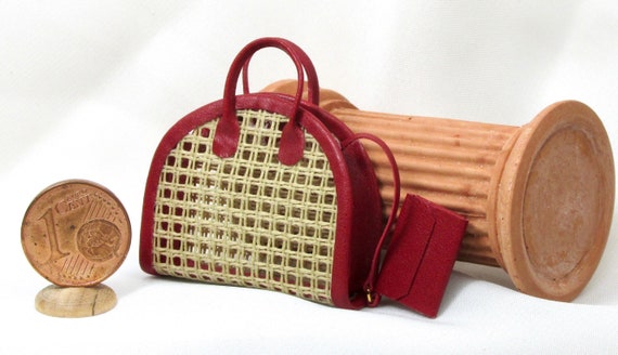 Miniature summer handbag, leather and canvas, 1/12 scale
