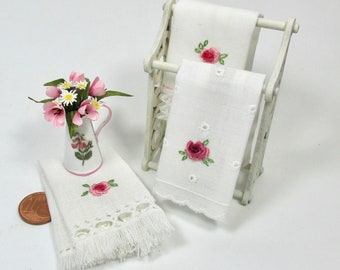 Miniature hand-made embroidered towels, 1/12 scale
