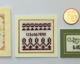 Miniature samplers and alphabets embroidered cross-stitch, 1/12 scale