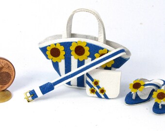 Miniature summer bag with belt, wallet and sandals, 1/12 scale