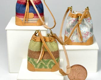 Bucket bag, 1/12 scale, handmade in leather and fabric