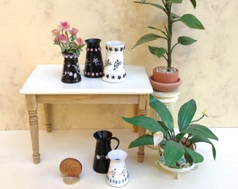 Miniature metal flower pots, glazed and decorated, OOAK, handmade 1/12 scale