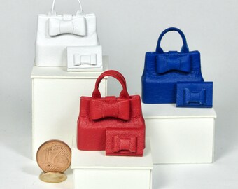 Miniature leather handbag with bow, handmade, 1/12 scale