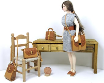 Miniature leather and wood bag,  1/12 scale