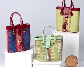 Miniature fabric and leather tote bag, 1/12 scale