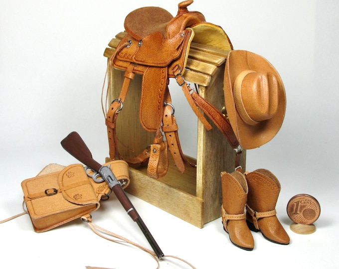 Featured listing image: Miniature saddle with harness, in leather, 1/12 scale