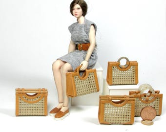 Miniature summer handbag, leather and canvas, 1/12 scale
